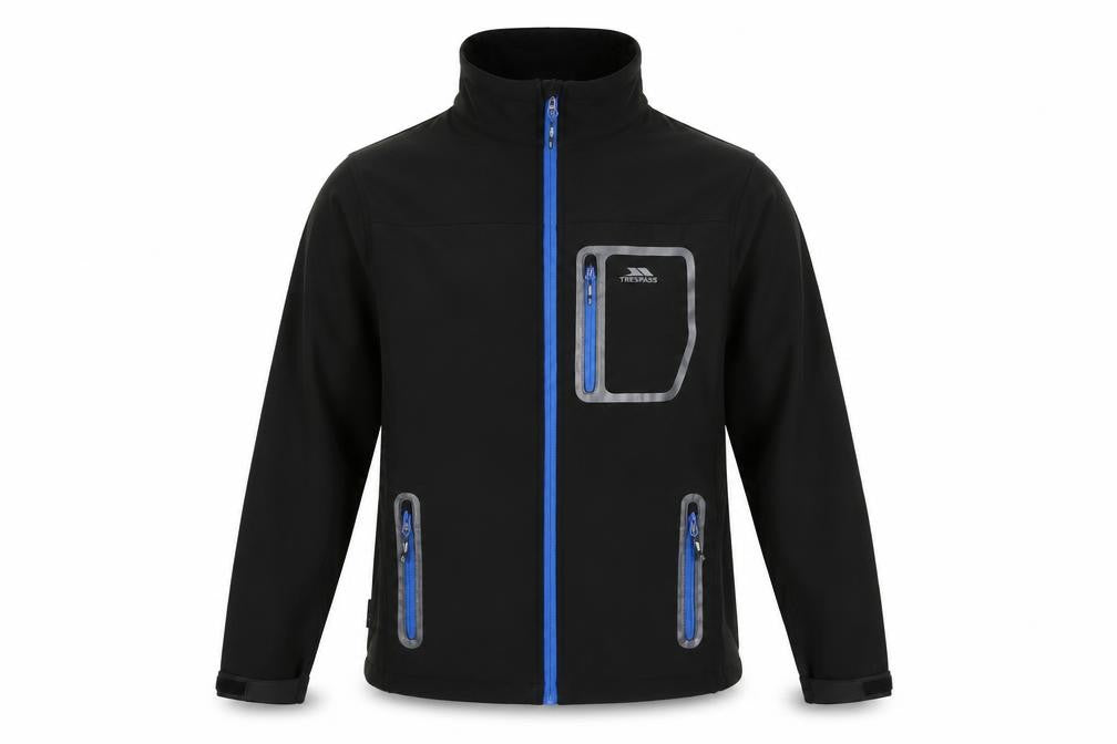 Front view of Trespass Men's Black Soft Shell Jacket, size S, Casual Hiking