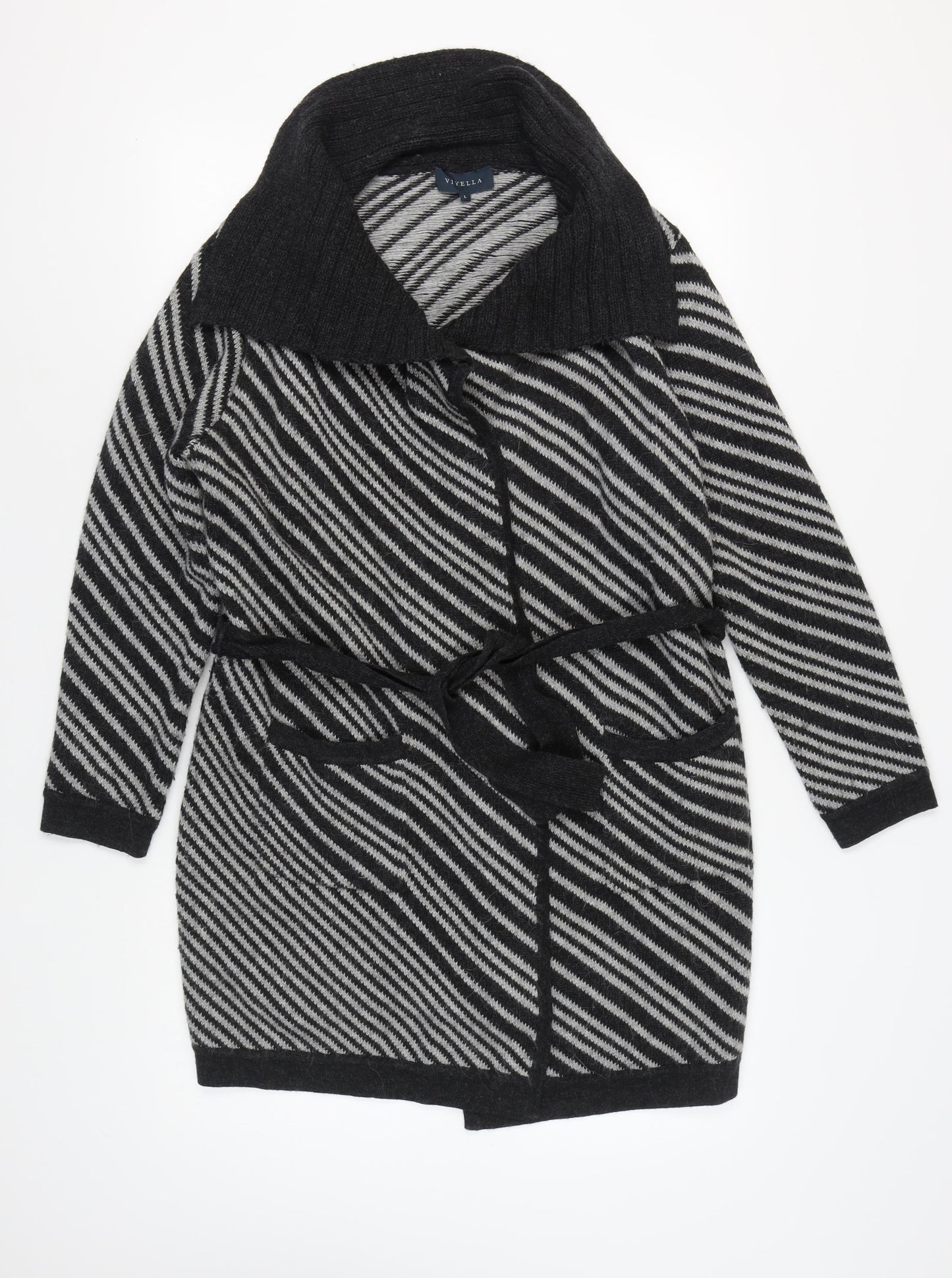 Viyella Women's Black L Striped Belted Cardigan