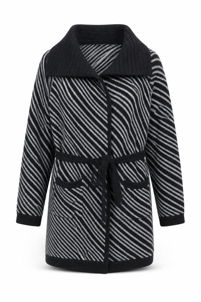 Front view of Viyella Women's Black L Striped Belted Cardigan