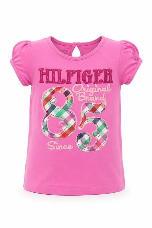 Front view of Tommy Hilfiger girls’ pink graphic t-shirt 24 months