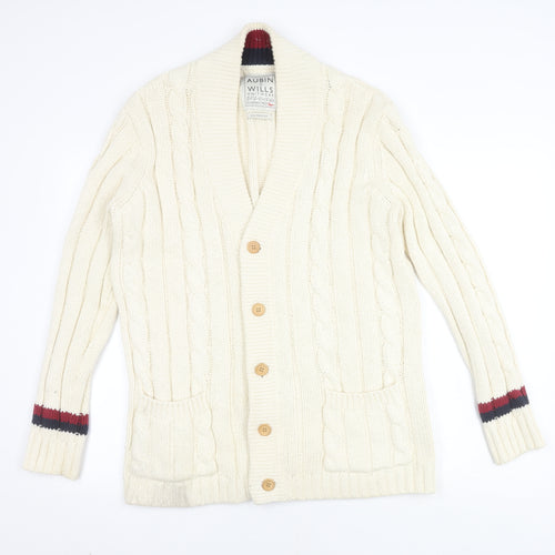 Aubin & Wills Men's White Cotton Cardigan, M, Cable-Knit, V-Neck