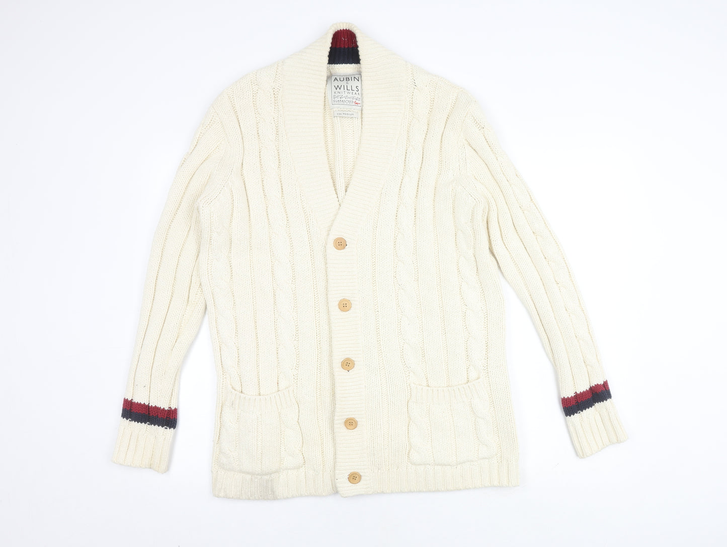 Aubin & Wills Men's White Cotton Cardigan, M, Cable-Knit, V-Neck