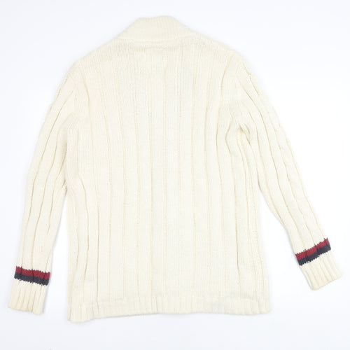 Aubin & Wills Men's White Cotton Cardigan, M, Cable-Knit, V-Neck