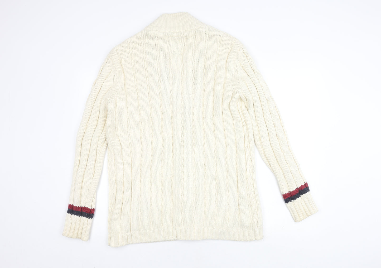 Aubin & Wills Men's White Cotton Cardigan, M, Cable-Knit, V-Neck