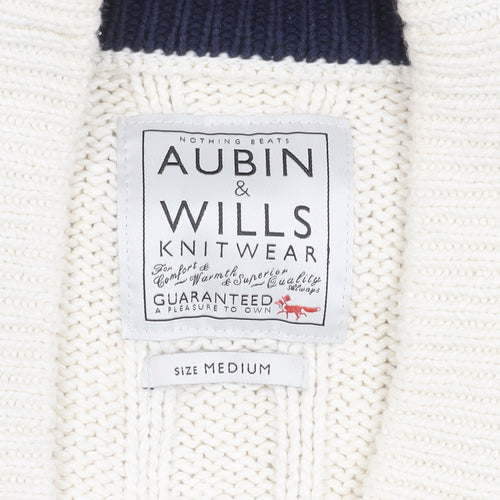 Aubin & Wills Men's White Cotton Cardigan, M, Cable-Knit, V-Neck