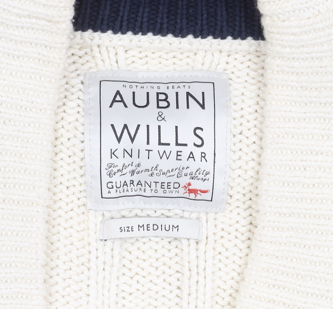 Aubin & Wills Men's White Cotton Cardigan, M, Cable-Knit, V-Neck