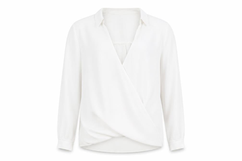Front view of New Look Women's White Wrap Top, size 10, V-Neck