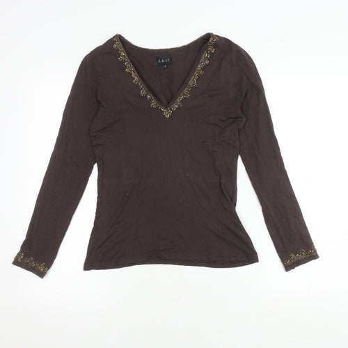 East Brown Embroidered V-Neck Long Sleeve Top S