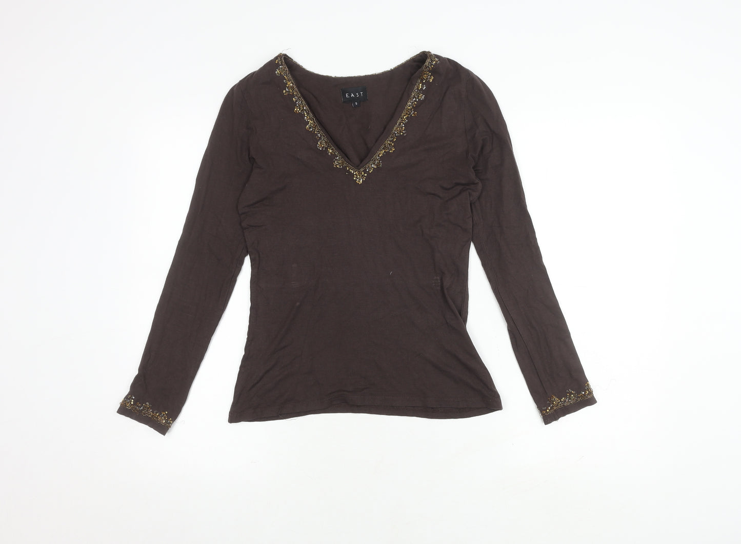 East Brown Embroidered V-Neck Long Sleeve Top S