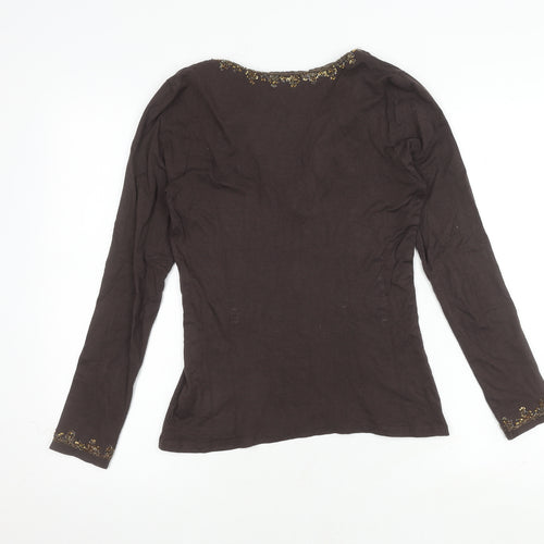 East Brown Embroidered V-Neck Long Sleeve Top S