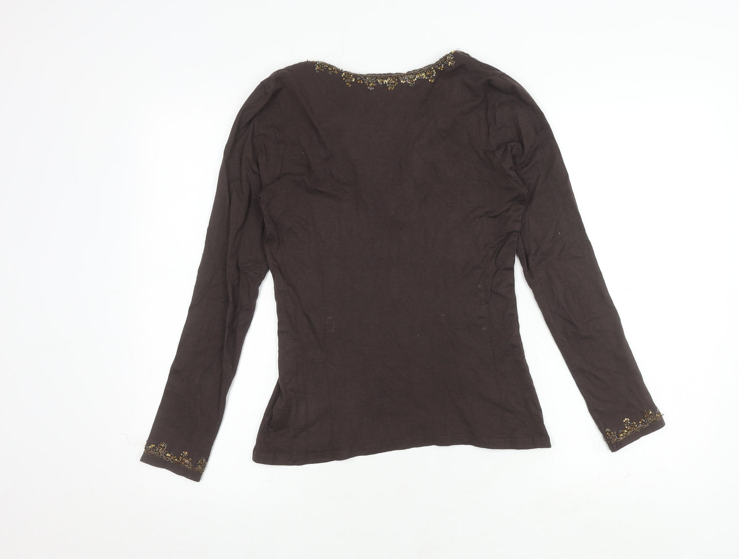 East Brown Embroidered V-Neck Long Sleeve Top S