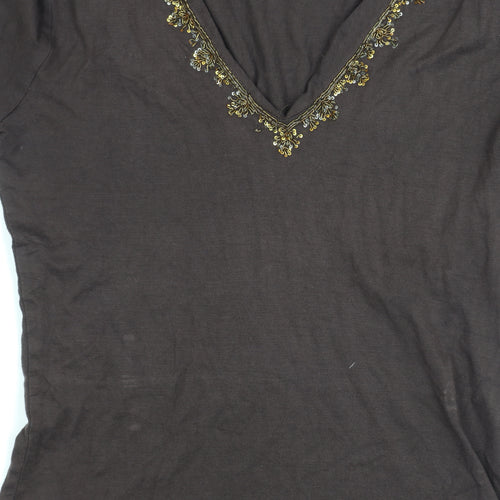 East Brown Embroidered V-Neck Long Sleeve Top S