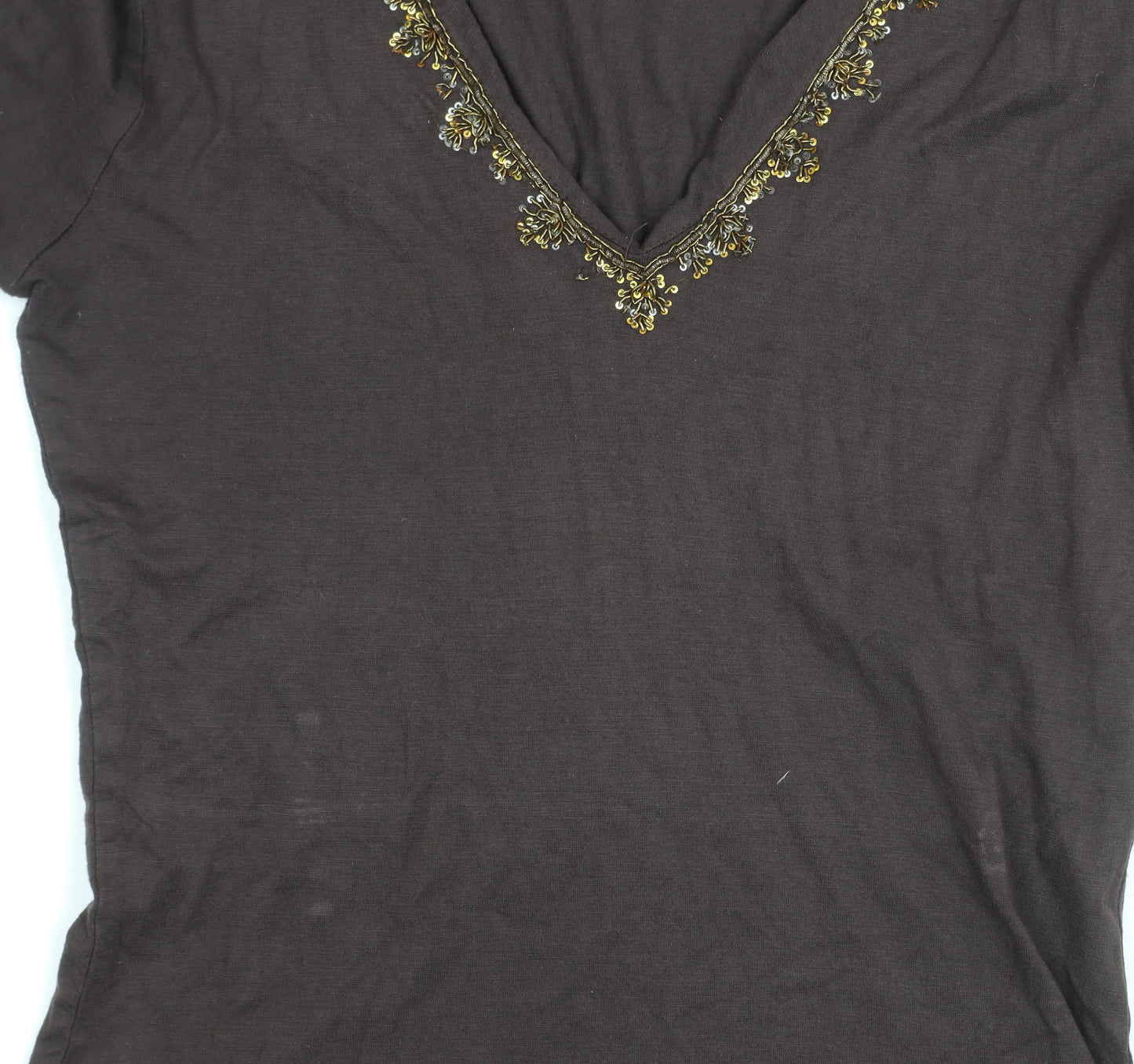 East Brown Embroidered V-Neck Long Sleeve Top S