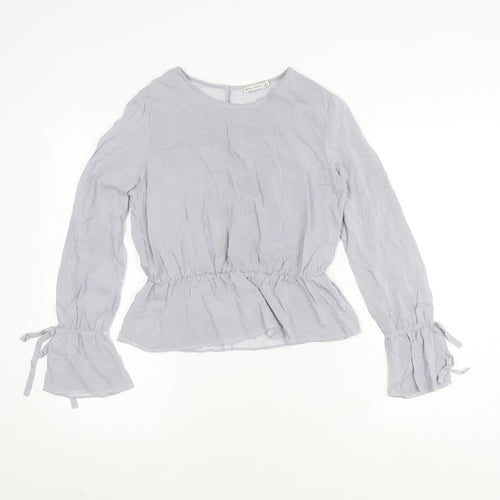 Bershka Women's Grey Striped Blouse, Size S, Flared Sleeve