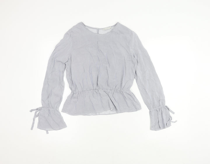 Bershka Women's Grey Striped Blouse, Size S, Flared Sleeve