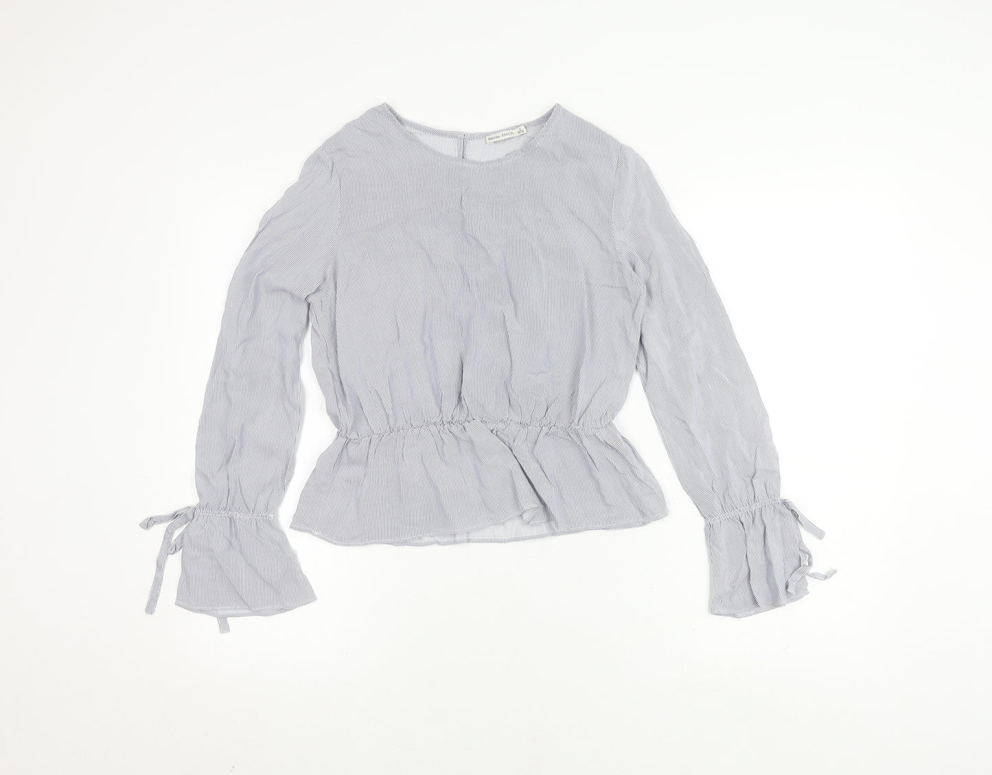 Bershka Women's Grey Striped Blouse, Size S, Flared Sleeve