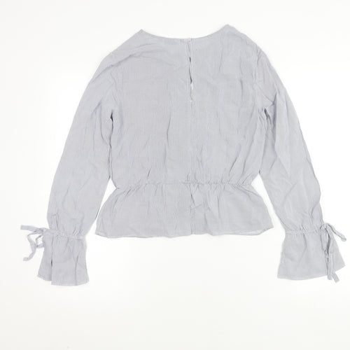 Bershka Women's Grey Striped Blouse, Size S, Flared Sleeve