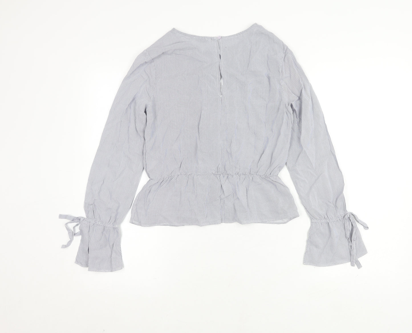 Bershka Women's Grey Striped Blouse, Size S, Flared Sleeve