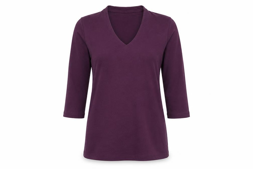 Front view of Orvis Women's Purple V-Neck Perfect Tee, size S