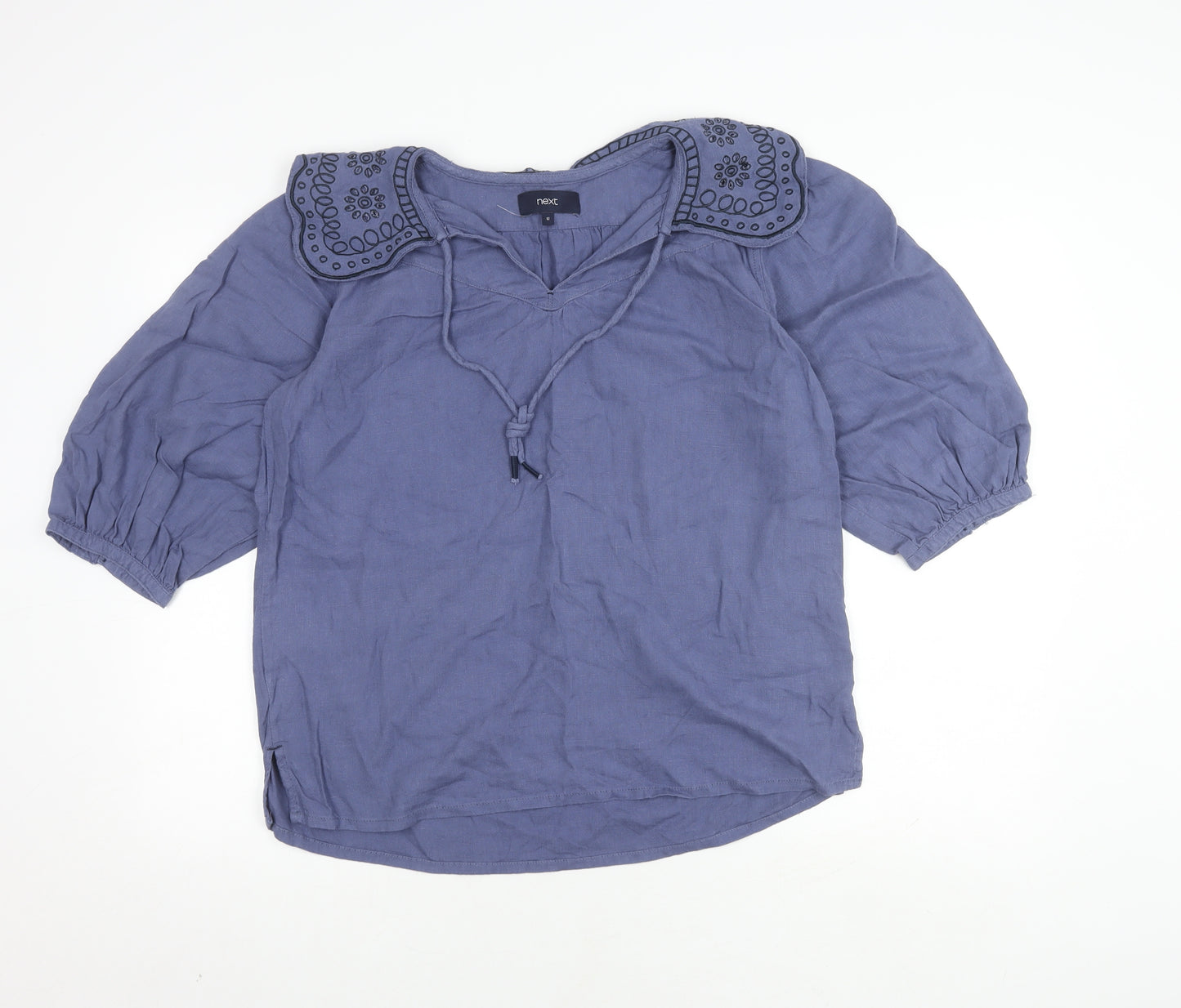 Next Women's Blue Blouse, Size 12, Embroidered, V-Neck