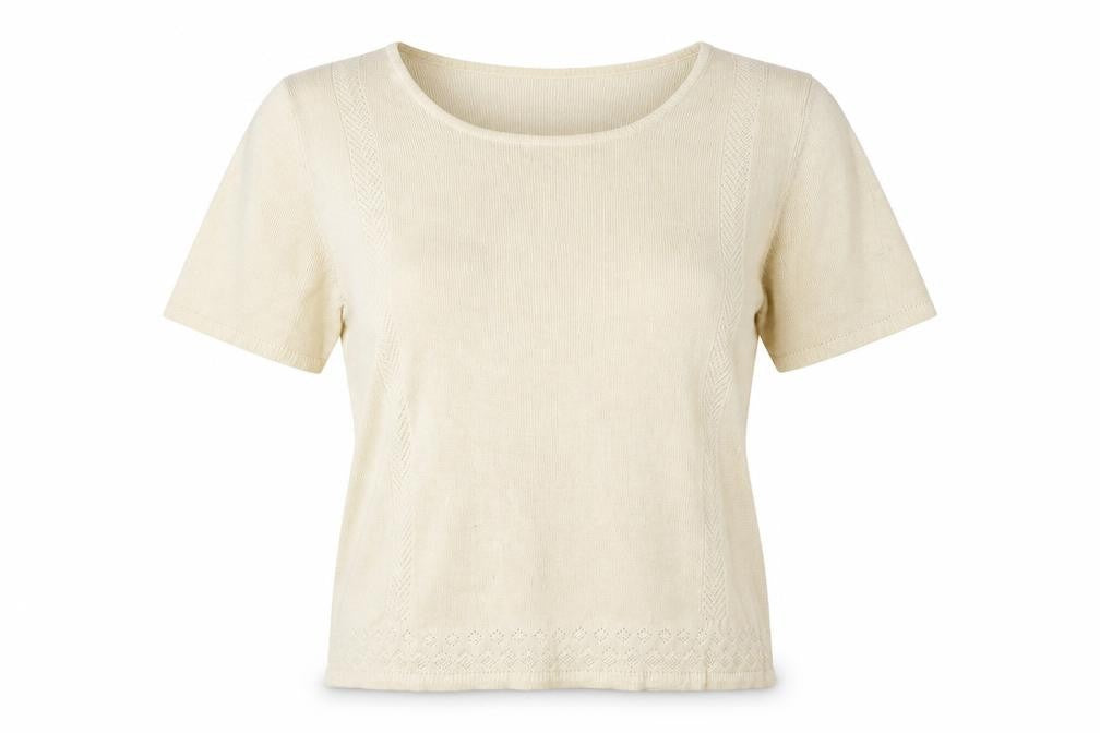 Front view of Riddella Beige Women's Short Sleeve Knit Top