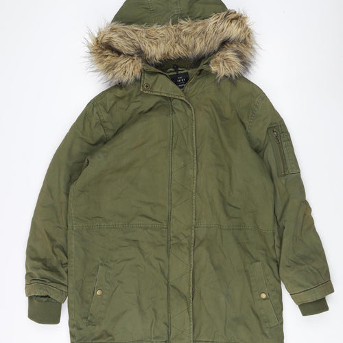 Cotton On Women's Green Fur Trim Parka Coat Size 12