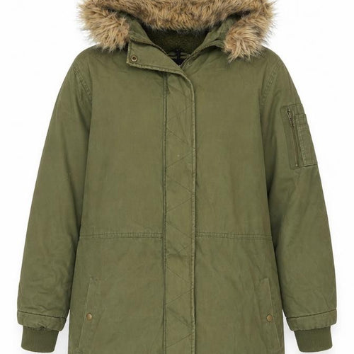 Cotton On Women's Green Fur Trim Parka Coat Size 12