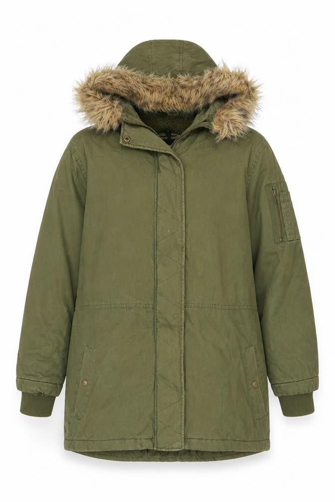 Cotton On Women's Green Fur Trim Parka Coat Size 12