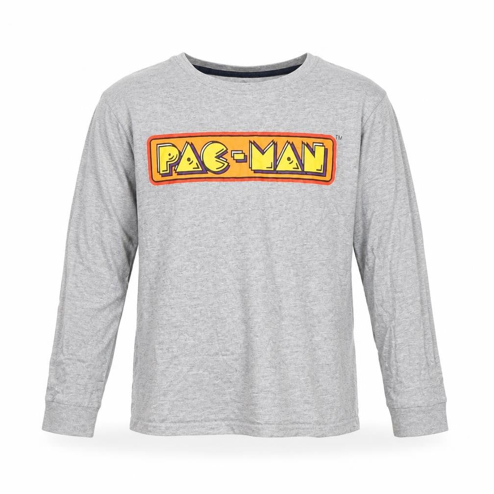 Front view of boys’ grey long sleeve pac-man graphic t-shirt 9-10 years