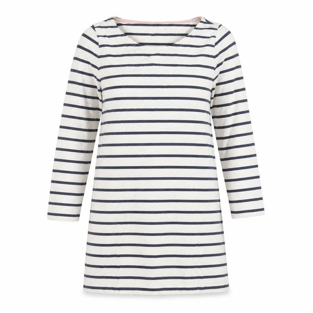 Front view of Boden Women's White Striped Shift Dress, size 8