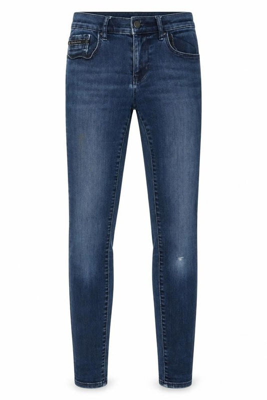 Front view of Calvin Klein women’s blue skinny jeans, size UK 27