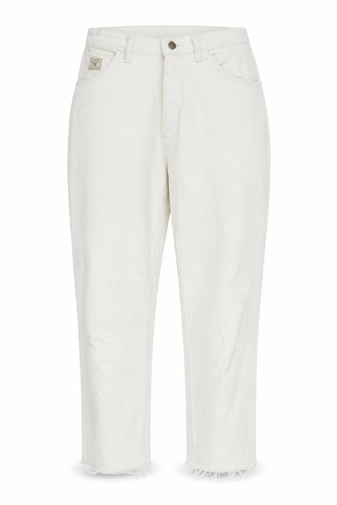 Front view of Wrangler Women's White Jeans, size 10, Frayed Accent