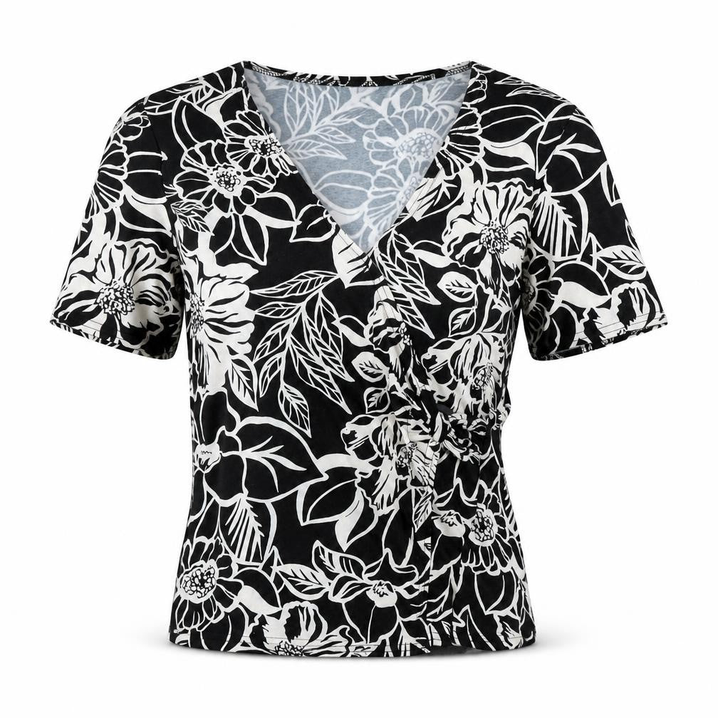 Front view of Eastex Women's Black Floral Wrap Blouse, size 10