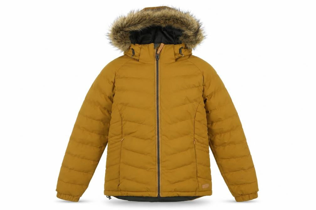 Front view of Trespass girls’ brown hooded puffer jacket, size S