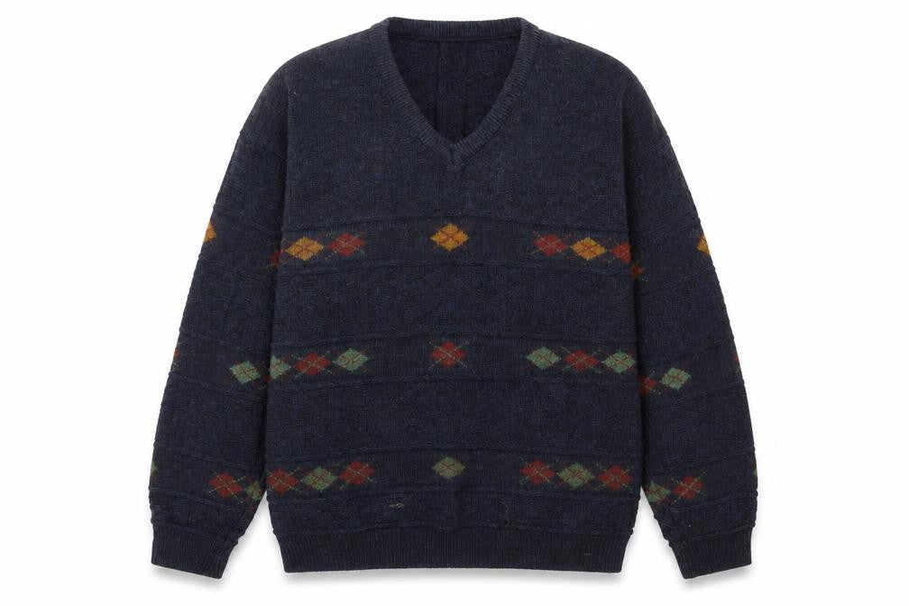 Front view of BHS Men's Blue Argyle V-Neck jumper M
