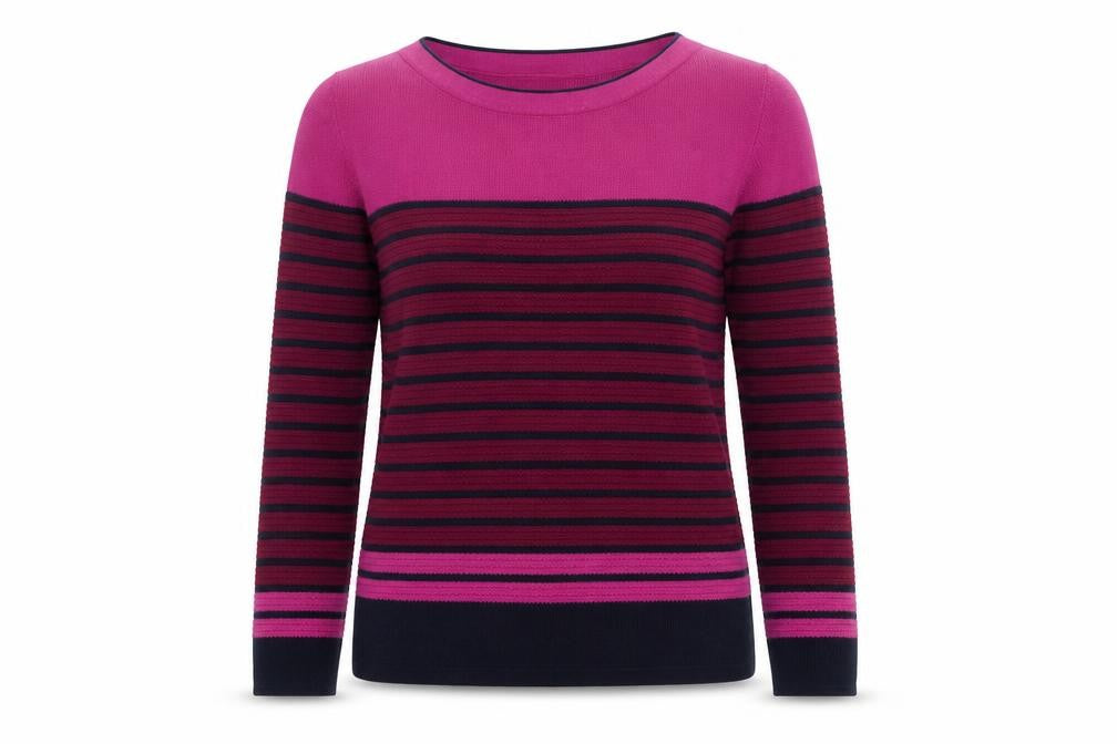 Front view of Isle Women's Pink Striped Jumper, size S