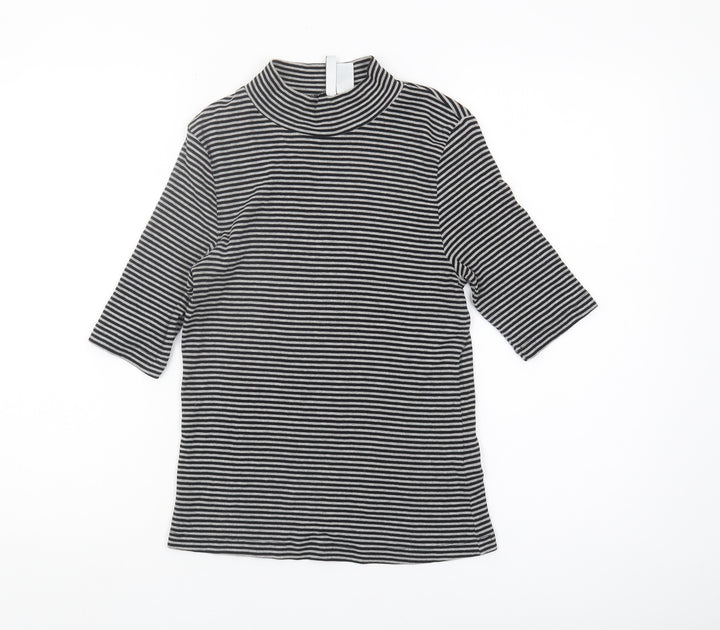 H&M Women's Black Striped Mock Neck 3/4 Sleeve T-Shirt