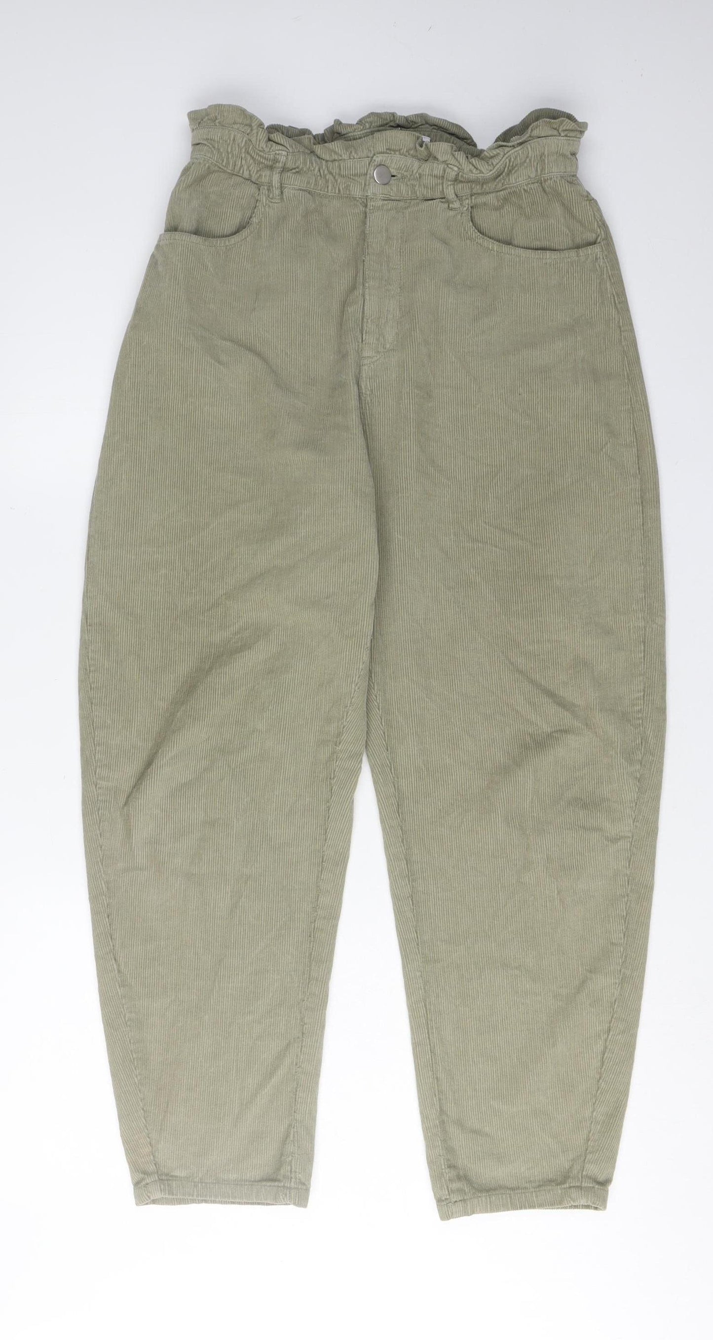 ZARA Women's Green Corduroy Paperbag Trousers, Size 2 Regular