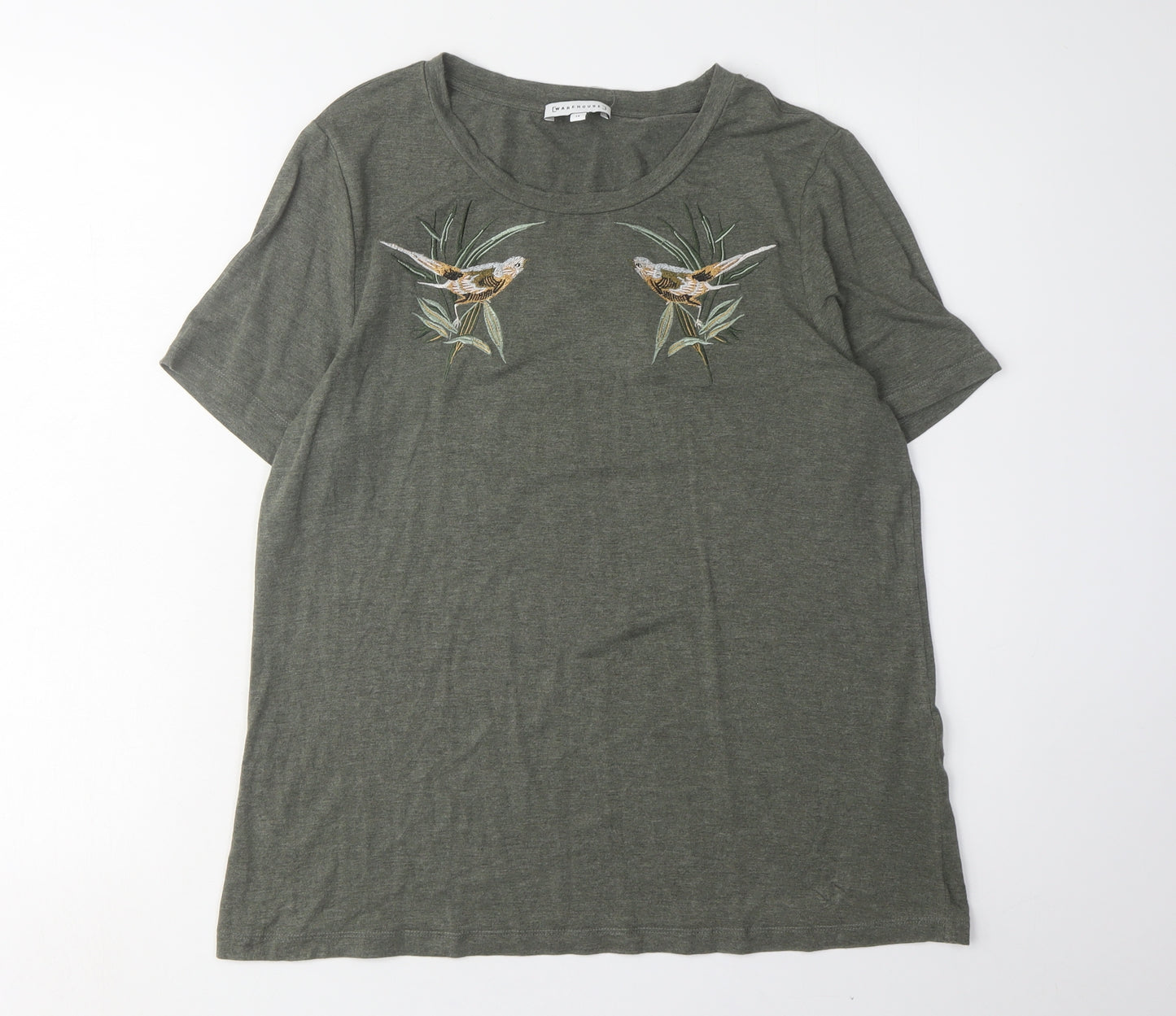 Warehouse Women’s Green Embroidered T-Shirt Size 14
