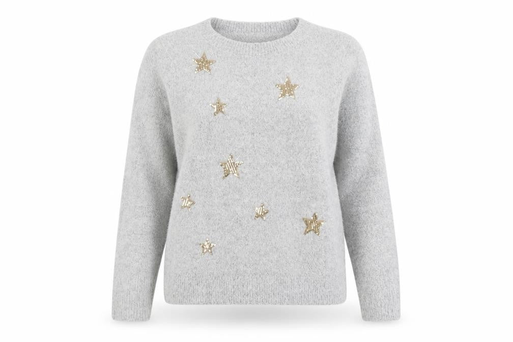 Front view of Oasis Women's Grey Sequin Star jumper, size S