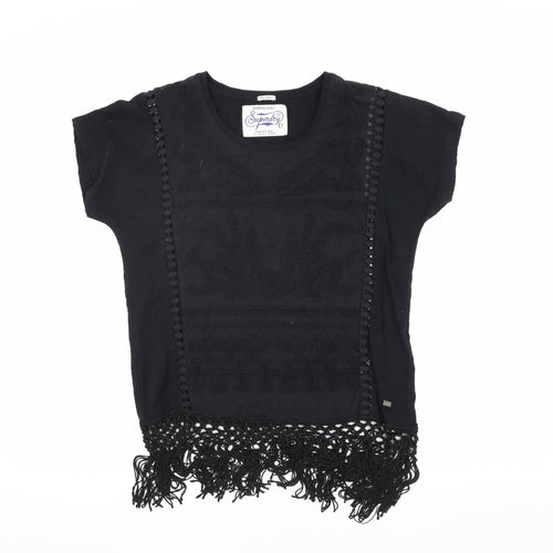 Superdry Women's Black T-Shirt - Size S, Fringe Accented