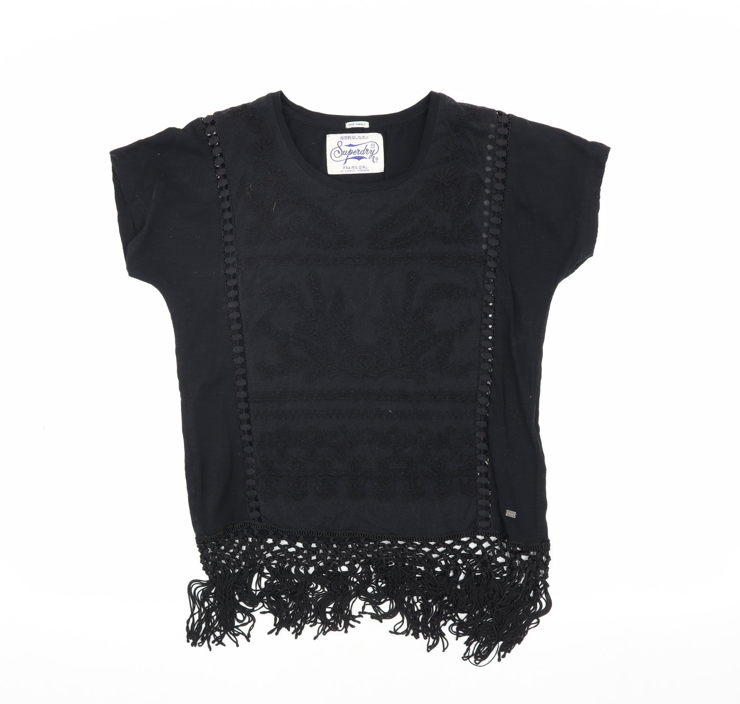 Superdry Women's Black T-Shirt - Size S, Fringe Accented