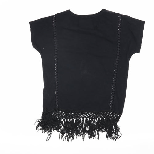 Superdry Women's Black T-Shirt - Size S, Fringe Accented