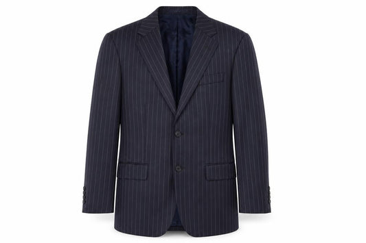 Front view of DAKS Men's Blue Striped Wool Blazer Jacket 36S