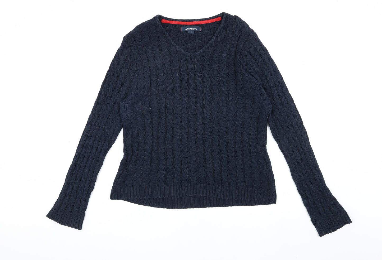 Kangol Women's Blue V-Neck Cable Knit Jumper Size 16