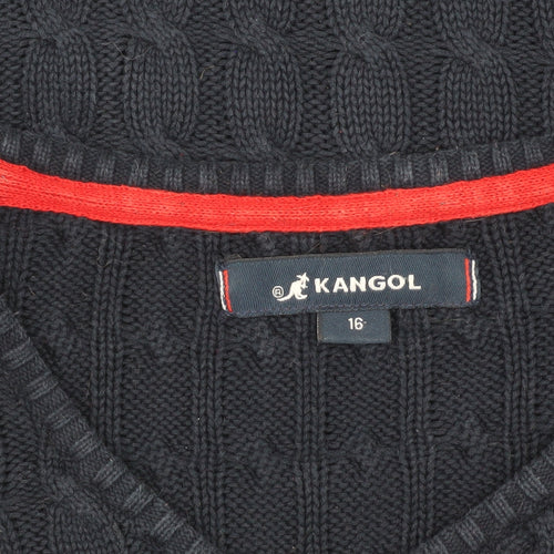 Kangol Women's Blue V-Neck Cable Knit Jumper Size 16