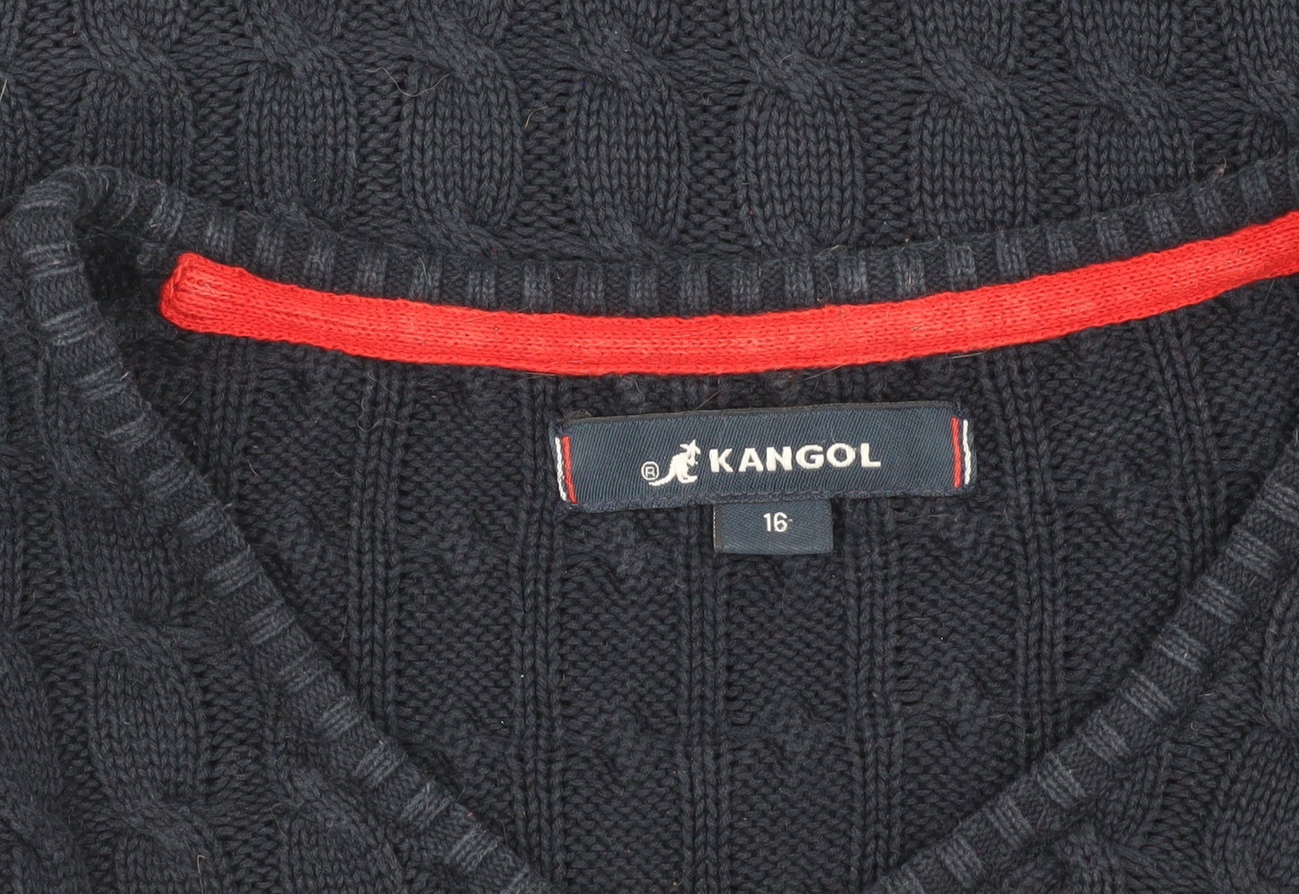 Kangol Women's Blue V-Neck Cable Knit Jumper Size 16