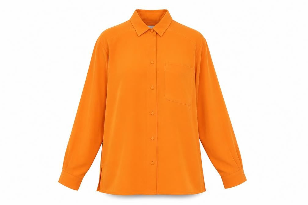Front view of Alexon Women's Orange Button-Up Shirt, size 12, Classic Fit