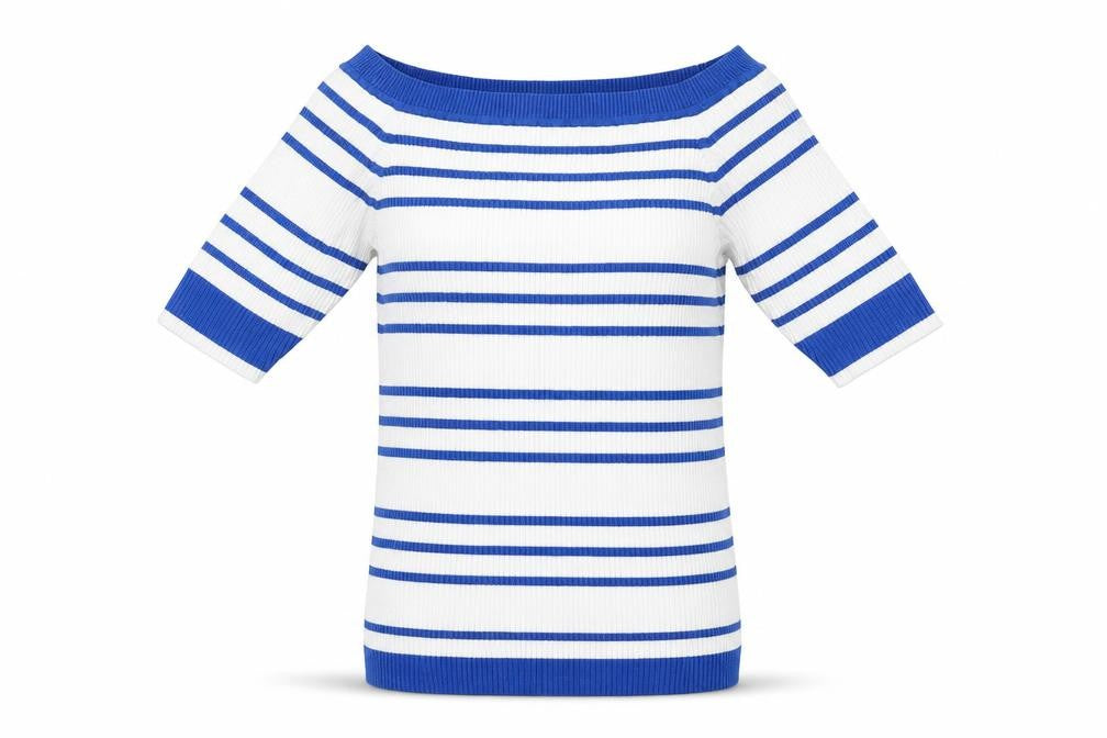 Front view of Hush Women's Blue Striped Off-Shoulder Top, size M
