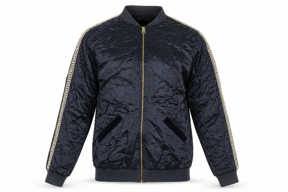 Front view of Light Before Dark unisex blue bomber jacket s